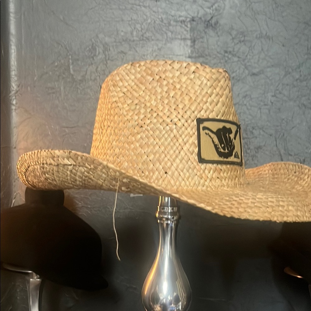 Tan Straw Hat with Black Logo Patch